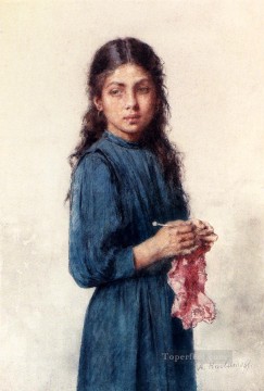 Alexei Harlamov Painting - A Young Girl Knitting girl portrait Alexei Harlamov
